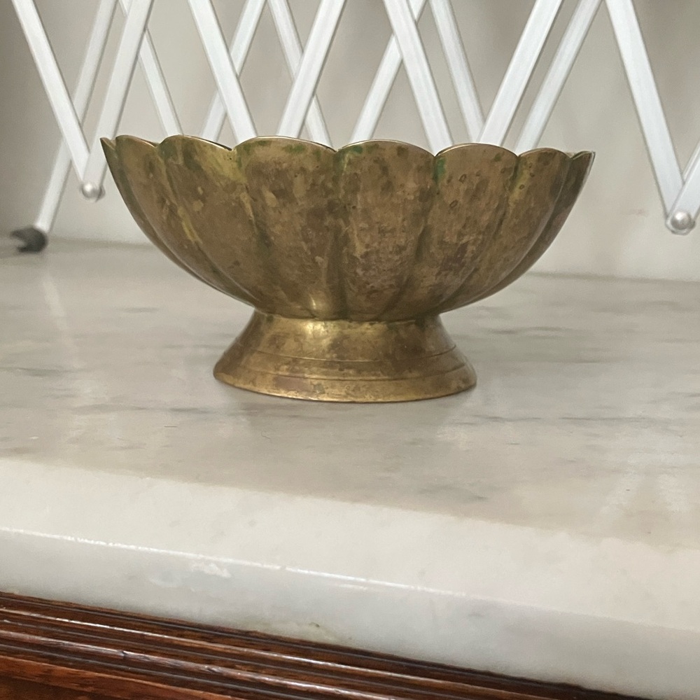 Vintage Patinated scalloped Indian brass pedestal bowl